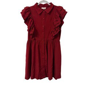Entro Red Ruffled Button-Down Collared Dress Size L Lined Dress. NWT